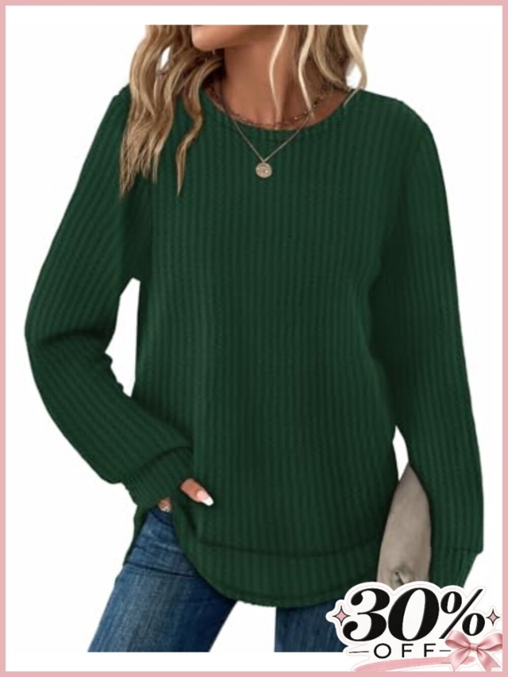 Waffle Knit Long Sleeve Tunic Top Curved Hem Pullover